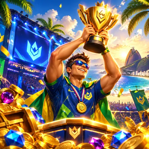 Arena de eSports com palco iluminado, telões e plateia acompanhando a partida